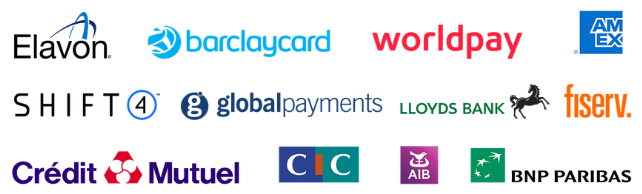 Acquiring partners including Elavon, Barclaycard, Worldpay, American Express, Shift4, Global Payments, Lloyds Bank, Fiserv, Crédit Mutuel, CIC, AIB and BNP Paribas