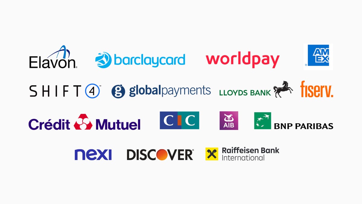 Acquiring partners including Elavon, Barclaycard, Worldpay, American Express, Shift4, Global Payments, Lloyds Bank, Fiserv, Crédit Mutuel, CIC, AIB, BNP Paribas, Nexi, Discover and Raiffeisen Bank International