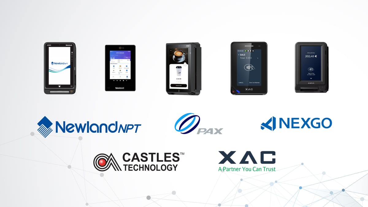 EV payment terminals from multiple manufacturers, including Newland NPT, PAX, NEXGO, Castles Technology and XAC