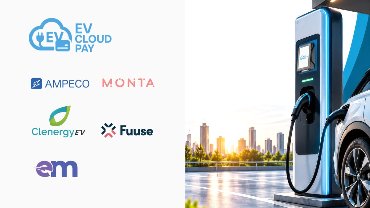 EVCloudPay with CPMS partners including AMPECO, Monta, Clenergy EV, Fuuse and em, alongside an EV charger with a built-in payment terminal